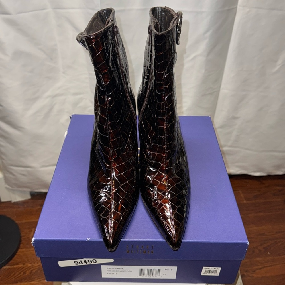 Stuart Whitman Women Buckleboot Fudge Sioux Croco Embossed Patent Leather
